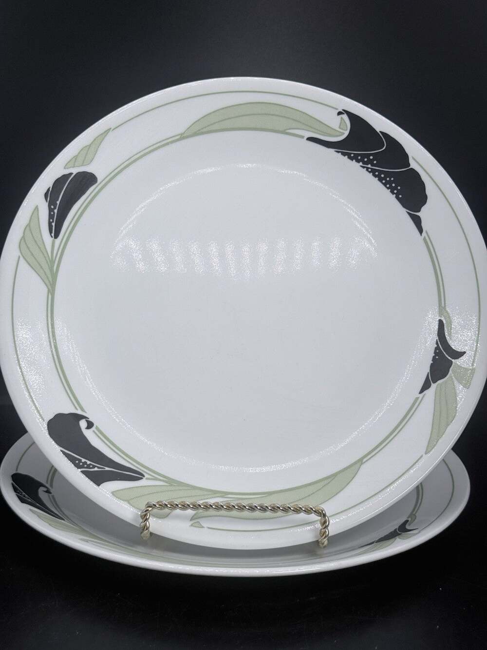 Corelle Corning BLACK ORCHID Dinner Plates 10-1/4" Flowers Green Leaves Set of 2